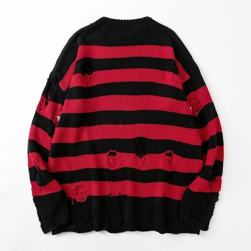 Washed Black And Red Striped Sweaters Ripped Sweater 1