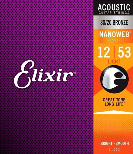 Elixir Nanoweb 80/20 Bronze 12-53 Cuerdas Guitarra Acústica