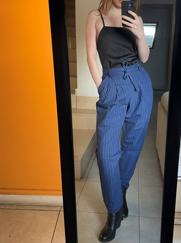 Pantalón Babucha Azul Rayado Con Lazo Y Bolsillos Talle S