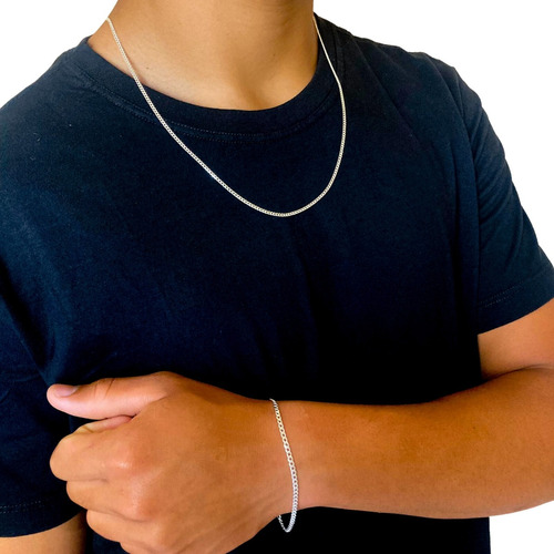 Corrente De Prata 925 Italiana Masculina + Pulseira Grummet 