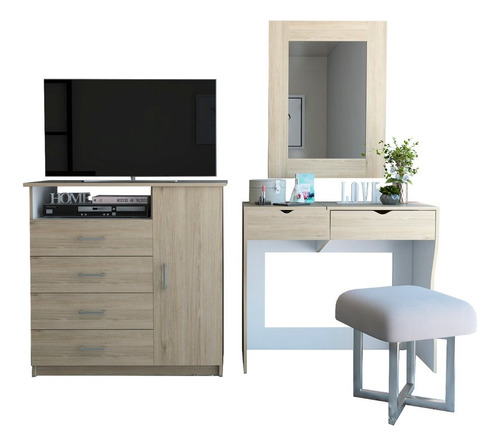 Mueble De Tocador + Espejo + Comoda 4c/1p- Rovere / Blanco Color Rovere- Blanco