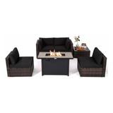 Juego Muebles Jardín Ratán Mesa De Fuego Gas 6 Piezas Negro