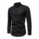 Camisa Slim Fit Cuello Mao Manga Larga Hombre Vestir Casual