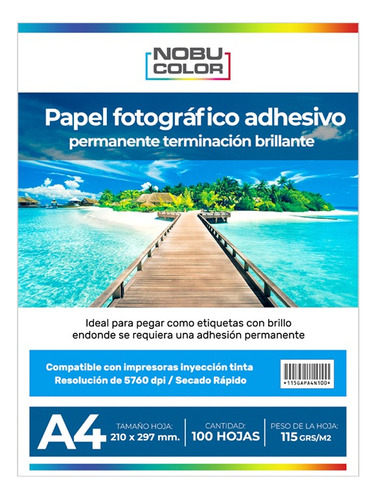 Papel Foto Glossy Adhesivo Permanente A4 115 Gr. 100 Hojas