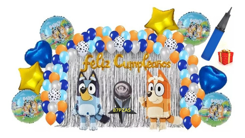 Kit Decoracion Fiesta Cumpleaños Globos Bluey Y Bingo 87 Pz