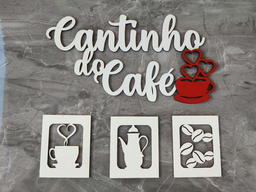 Kit Cantinho Do Café Mdf Branco/vermelho Alto Relevo 4 Peças