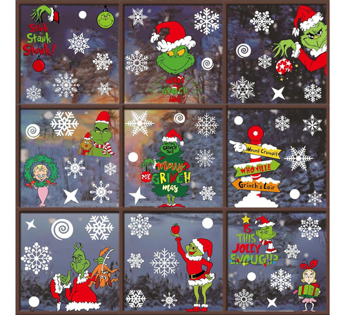 Pegatinas Navideñas Para Ventanas, 9 Hojas, Grinch Merry Chr