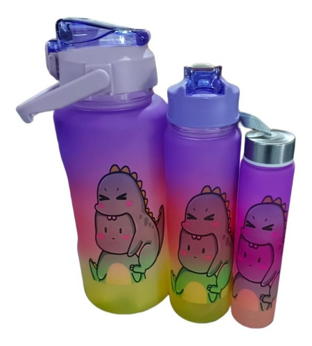 Trio Vaso Botella Motivacional Termo Gym Dinosaurios Duo