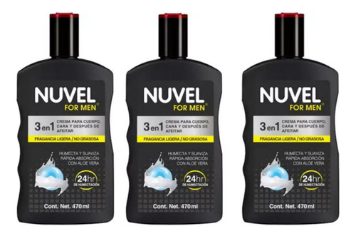 3 Cremas Corporal Nuvel For Men 3 En 1, 470ml.