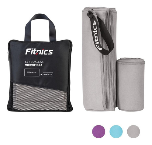 Toalla Microfibra Fitnics Set De 2 (120x60 +80x30) + Estuche Color Gris