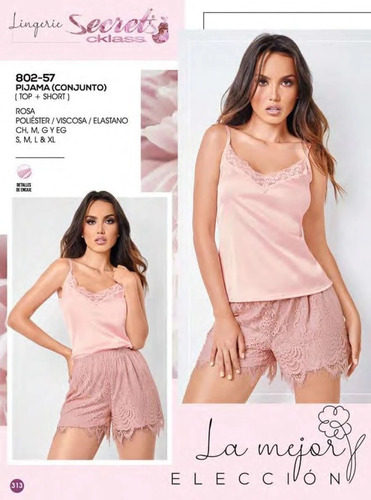 Pijama Satin Y Encaje Short Y Blusa Sexi Elegante 802-57 Ckl