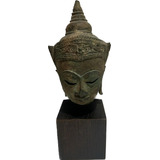 Antiguo Busto De Buda Hindu Original Madera C/ Bronce