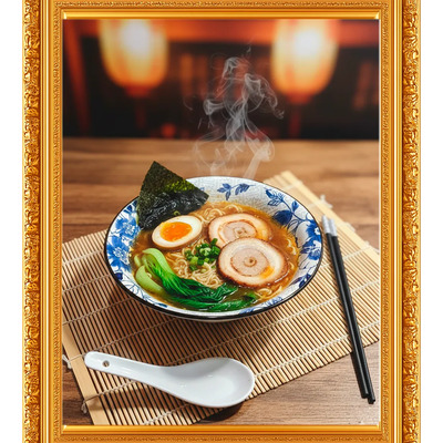 Juego Bowl Ramen 20cm + Cuchara Porcelana + Palitos Sushi Blanco Flores Oriental Azul