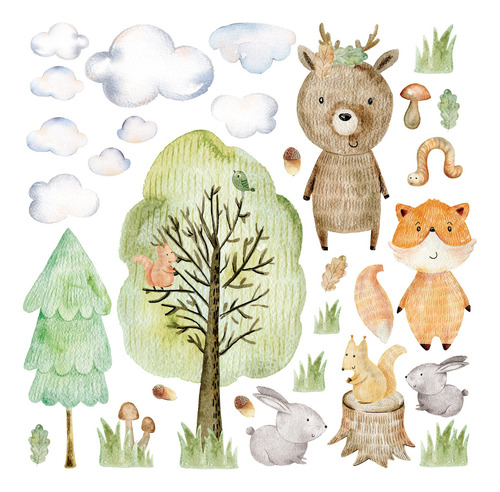 Kit Vinilo Adhesivo Pared Infantil Animales Del Bosque 100cm