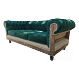 Sillon Chesterfield Rustico 3 Cuerpos Tela Pana Verde Ingles