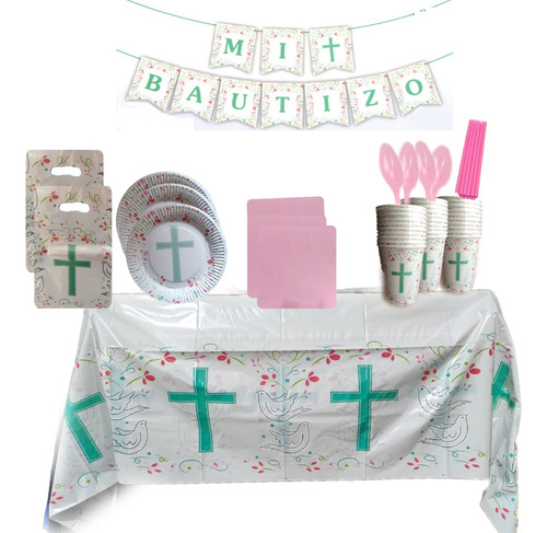 Set Cotillon Decoración Bautizo X10 + Mantel - Globifiesta