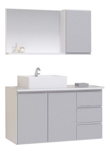 Moveis Joia Prisma Conjunto Gabinete Banheiro 80cm Com Tampo Vidro Cor Branco E Cinza