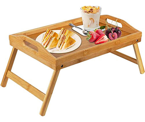 Mesa Con Bandeja De Cama De Bambú Con Patas Plegables, Bande