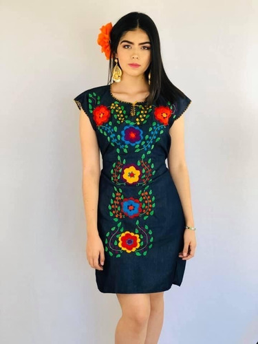 Vestido Artesanal Tipo Mezclilla Bordado A Mano De Chiapas