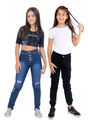 Kit 2 Calças Feminina Infantil Para Meninas Jeans Escola Top