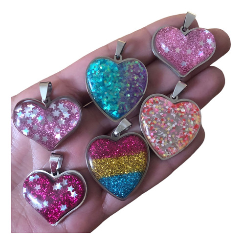 6 Dijes Corazón Inflado Glitter Acero Quirúrgico 