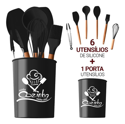 Conjunto Utensílios Cozinha Silicone + Porta Talheres Premio