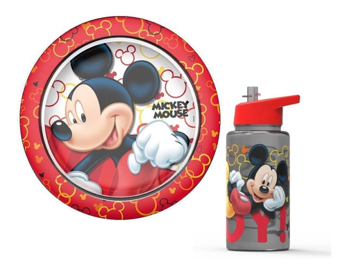 Set Plato Y Botella Plastica Infantil 500ml Mickey Disney 