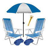 Kit 2 Cadeira Reclinável + 2 Mesinha + Guarda Sol Saca Areia
