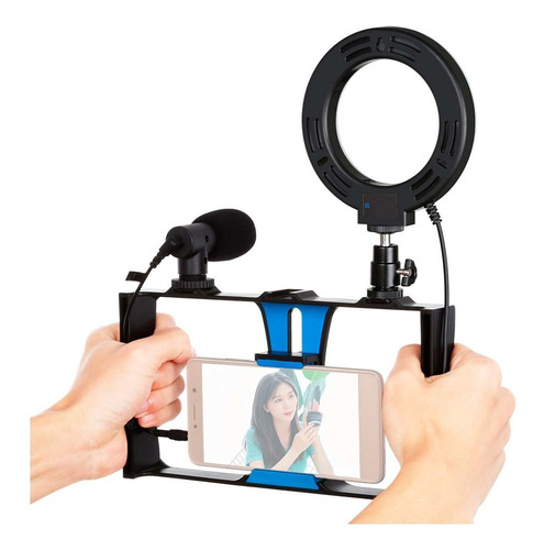 Kit Filmagem Microfone Luz Vlogging Podcast Youtuber Celular