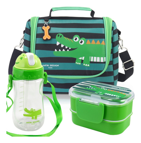 Lancheira Bolsa Térmica Infantil Escolar Marmita Garrafinha Cor Verde - Jacaré