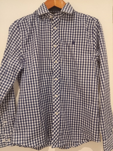 Camisa De Hombre A Cuadritos Blanca Y Azul Manga Larga Polo