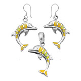 Dije Y Aretes Delfin Opalo Amarillo Plata 925 Con Envio