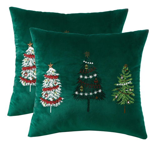 Fundas De Cojin Navideño Pinos En Terciopelo Verde 45cm