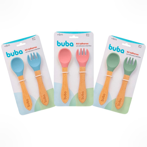 Kit Talheres Bambu Silicone Colher + Garfo Buba Bebê 