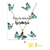 Collar Mariposa Tornasol Verde Con Aretes Y Tarjeta 