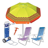 Kit Guarda Sol 2,4m Carrinho Praia Cadeira 8 Pos Saca Areia