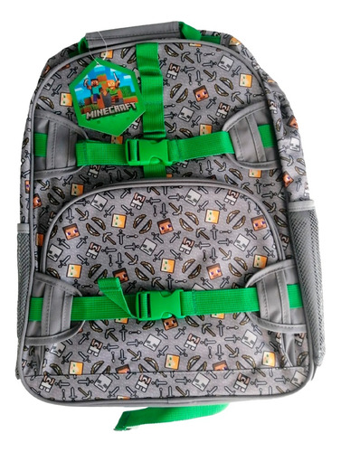 Mochila Escolar Minecraft Steeve Y Sam - Intek Color Gris Oscuro Diseño De La Tela Liso