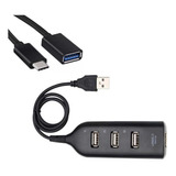 Kit Mobilador Hub Usb 4 Portas Fio De 1 Metro + Otg Tipo C