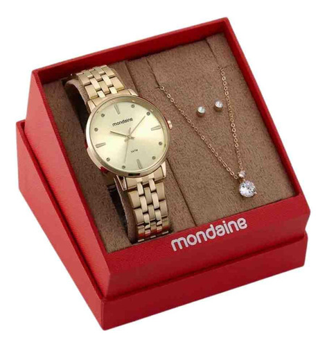 Kit Relógio Mondaine Dourado Feminino 32598lpmkde1k1