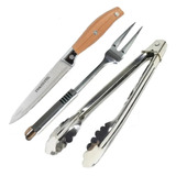 Set Para Asado Cuchillo Inox Mango Madera Tenedor Y Pinza 