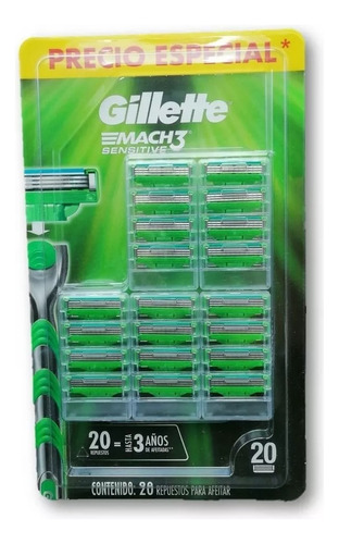 Gillette Mach3 Sensitive, Cartuchos Para Afeitar, 20 Piezas!