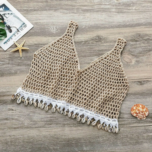 Top Crochet Tejido Conchitas Conchas Blusa Playa Crop Bikini
