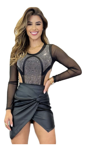 Body Manga Longa Tule Pedraria Brilho Festa Strass Cavado