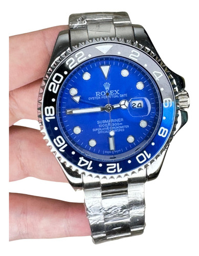 Relogio Rolex Subyacht Prata Com Azul Bisel Preto E Azul