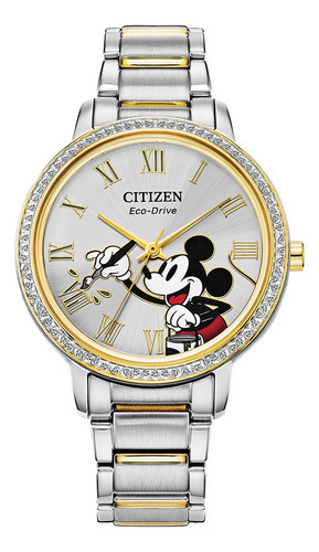 Reloj Citizen Disney Mickey Mouse Fe7044-52w Dama Color De La Correa Plata Color Del Bisel Multicolor Color Del Fondo Blanco
