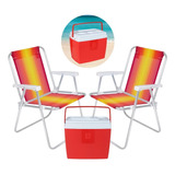 Kit Praia Duas Cadeiras Coloridas +caixa Térmica Cooler 19 L
