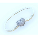 Pulsera Cierre Corazon Circones Semi Rigida Plata 925