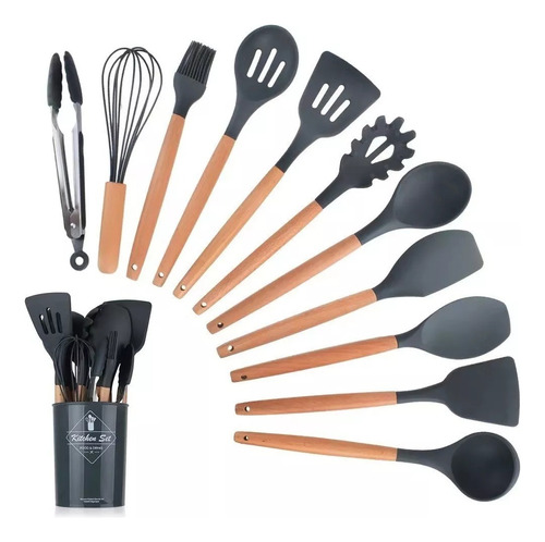 Set 12 Utensilios Cocina Mango Silicona Y Madera Repostería