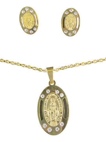 Kit Cadena Aretes Dije Medalla Virgen Milagrosa Acero Inoxid