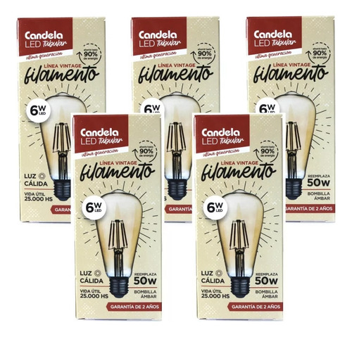 Combo X5 Lampara Led Filamento Tubular Vintage 6w Luz Cálida